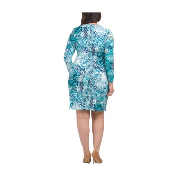 Calvin Klein Womens Blue Green Print V Neck Faux Wrap Sheath Dress Sz 18 W New - Picture 3 of 10